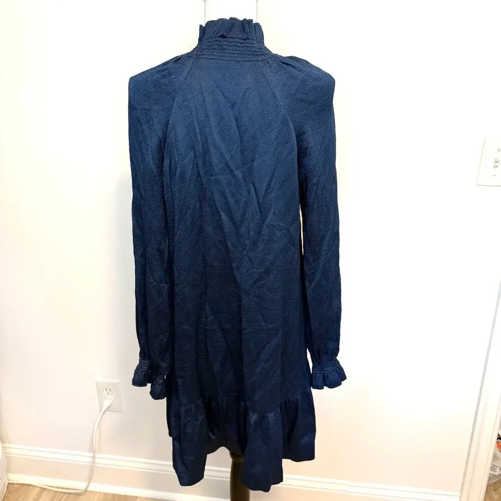 Sandro Paris Long Sleeve Tie Neck Flounce Hem Mini Dress In Navy Blue Size 36